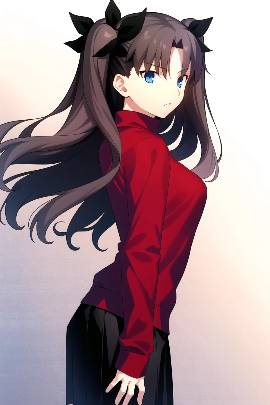 takeuchi takashi,

fate \(series\),
tohsaka rin,

1girl, bangs, black skirt, blue eyes, brown hair, cowboy shot, from side, long hair, long sleeves, looking to the side, parted bangs, parted lips, pleated skirt, red sweater, signature, skirt, solo, sweater, two side up

, ((masterpiece))
<lora:takeuchi_takashi:0.65>