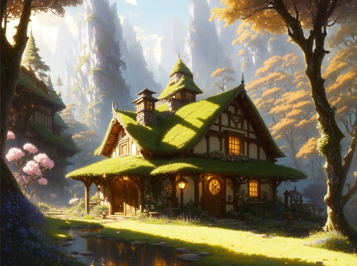 modelshoot style, (extremely detailed CG unity 8k wallpaper), full shot body photo of the most beautiful artwork in the world, a serene beautiful hobbit's shire, professional majestic oil painting by Ed Blinkey, Atey Ghailan, Studio Ghibli, by Jeremy Mann, Greg Manchess, Antonio Moro, trending on ArtStation, trending on CGSociety, Intricate, High Detail, Sharp focus, dramatic, photorealistic painting art by midjourney and greg rutkowski, Style-SylvaMagic,