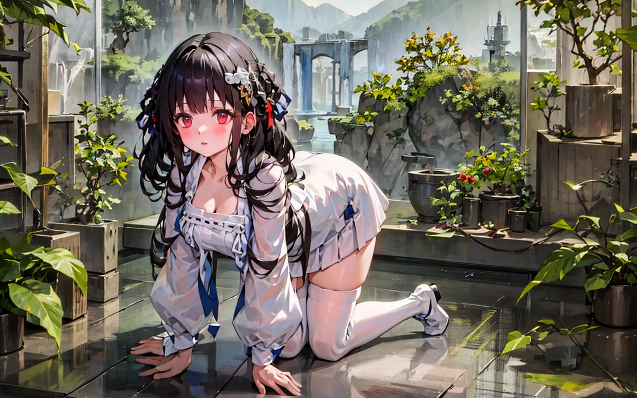 masterpiece,1girl,solo,black hair,white dress,cleavage, white thighhighs, lake,<lora:yetsanRuskirt-000008:1>,(all fours:1.3),