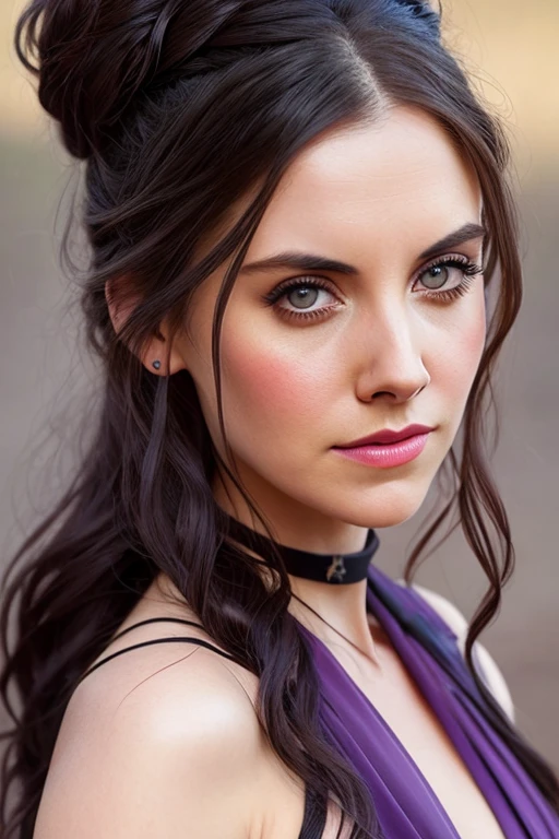 photo of alisonbrie, fantasy style waist shot portrait of a woman cosplaying as Yennefer from the Witcher, long ornate black dress, hair in a bun, (purple_eyes), highly detailed, photorealism, digital painting, artstation, concept art, sharp focus, illustration, best quality, 4k, art by artgerm and greg rutkowski and alphonse mucha