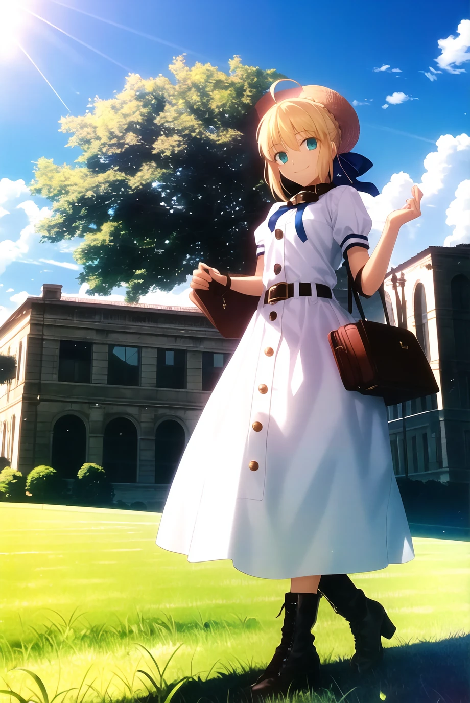 takeuchi takashi,
fate/stay night, fate \(series\),
artoria pendragon \(fate\), saber,
1girl, ahoge, arch, bangs, belt, black collar, black ribbon, blonde hair, boots, bow, building, buttons, closed mouth, cloud, cloudy sky, collar, dress, full body, grass, green eyes, hair between eyes, hair ribbon, hands up, hat, headpiece, high heels, holding, long dress, looking at viewer, outdoors, ribbon, ruins, scenery, shadow, short hair, short sleeves, sky, smile, solo, standing, straw hat, suitcase, sunlight, tree, white dress
, ((masterpiece))
<lora:takeuchi_takashi:0.6>