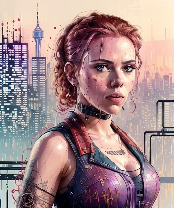 Portrait of scarlett in cyberpunk, red skirt, city and buildings in the background,, "Carne Griffiths"