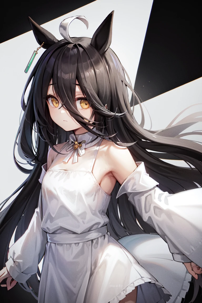 masterpiece, best quality, manhattan cafe \(umamusume\),
(white ahoge:1.2), small breasts, white underwear,
(off shoulder, bare shoulder:1.2), bare arms, white coat, closed mouth, dutch angle
<lora:manhattan_cafe_lora:0.65>