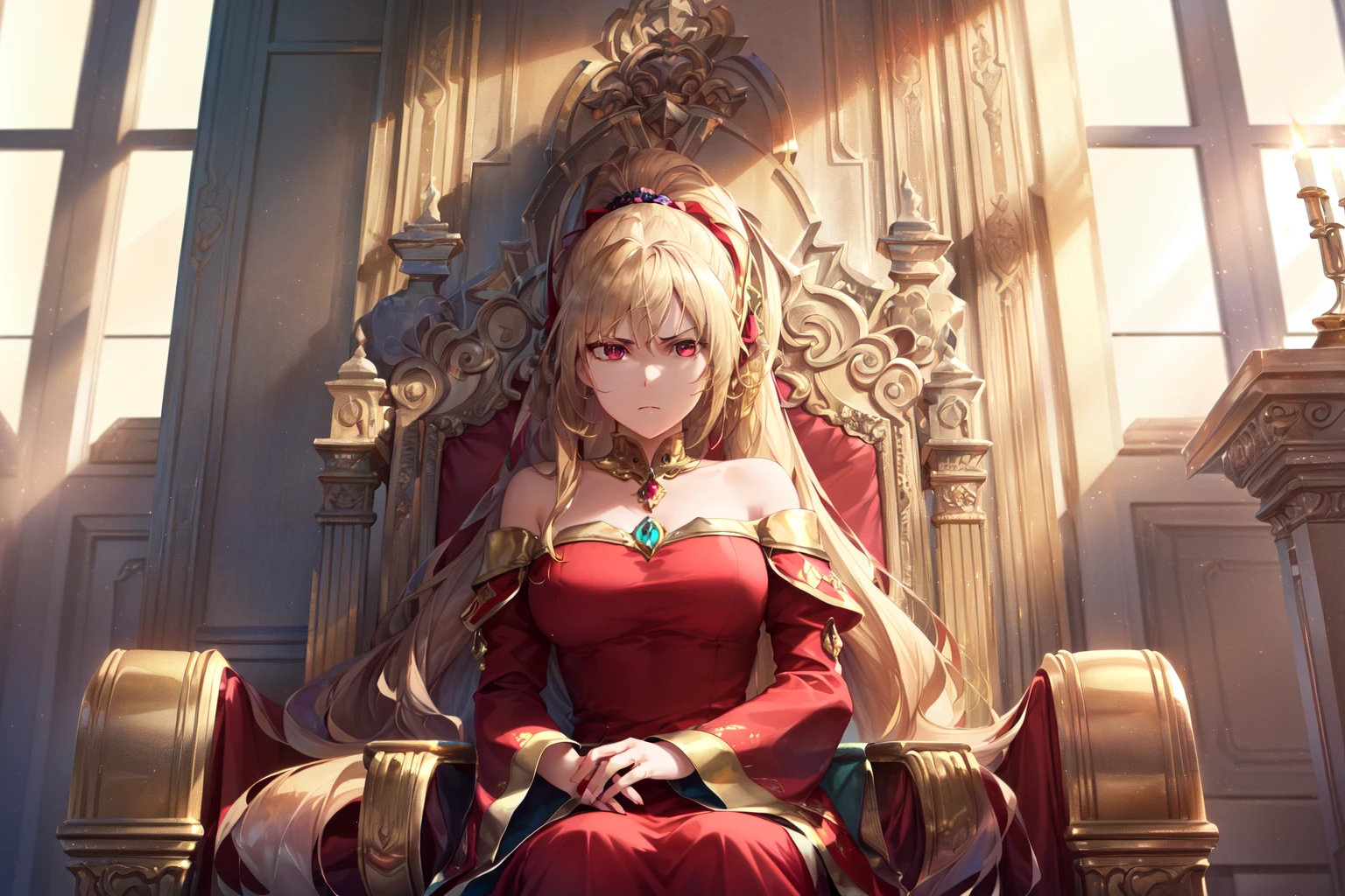 (masterpiece), empress, powerful, long blond hair, long red and golden dress, wearing golden tiara with ruby engravings, sitting on a golden throne with red padding, inside a throne room, gentle smile, confident, resting head on right arm, blue eyes