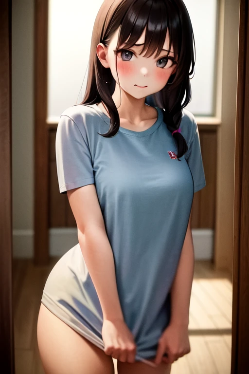 masterpiece, best quality, highres, 1girl, shirt, naked shirt, shirt tug <lora:shirt_tug:1.0>