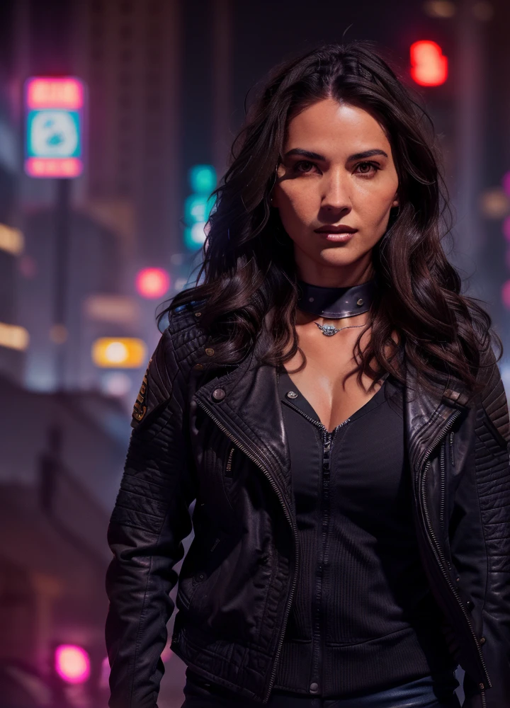 Portrait of olmun as a beautiful female model, georgia fowler, beautiful face, with short dark brown hair, in cyberpunk city at night. She is wearing a leather jacket, black jeans, dramatic lighting, (police badge:1.2)