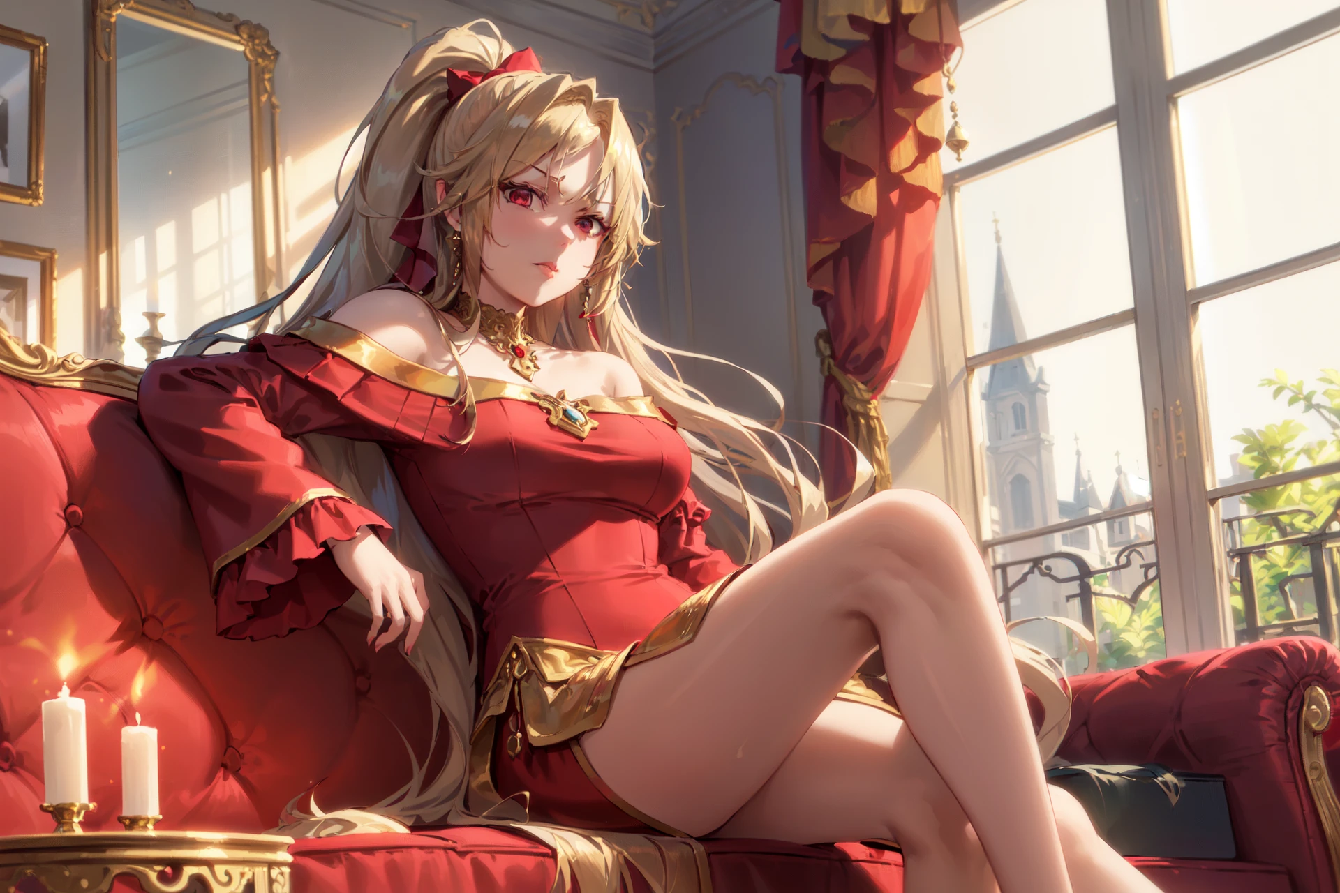 (Highres), 4K, Detailed, Ambient Light, Realistic Shadows, Digital Art, Soft Lighting,
(Indoors:1.4), Renaissance, Vintage Windows, (Red Sofa:1.4), (Candlelight:1.1),
(Solo:1.3), Woman, (Sitting:1.2), Sitting on Red Sofa,
(Very Long Blonde High Ponytail:1.4),
Red Eyes, Expressionless, Emotionless, (Glaring:1.2), (Contempt:1.2), (Disgust:1.2), (Looking at Viewer:1.2),
(Puffy Lips:1.2), Parted Lips,
Medium Breasts,
(Gold-Trim Off-Shoulder Long Red Gown:1.3), (Puffy Long Juliet Sleeves:1.3), Jewelry, (Sheer Clothes:1.2), (See-Throught:1.4),