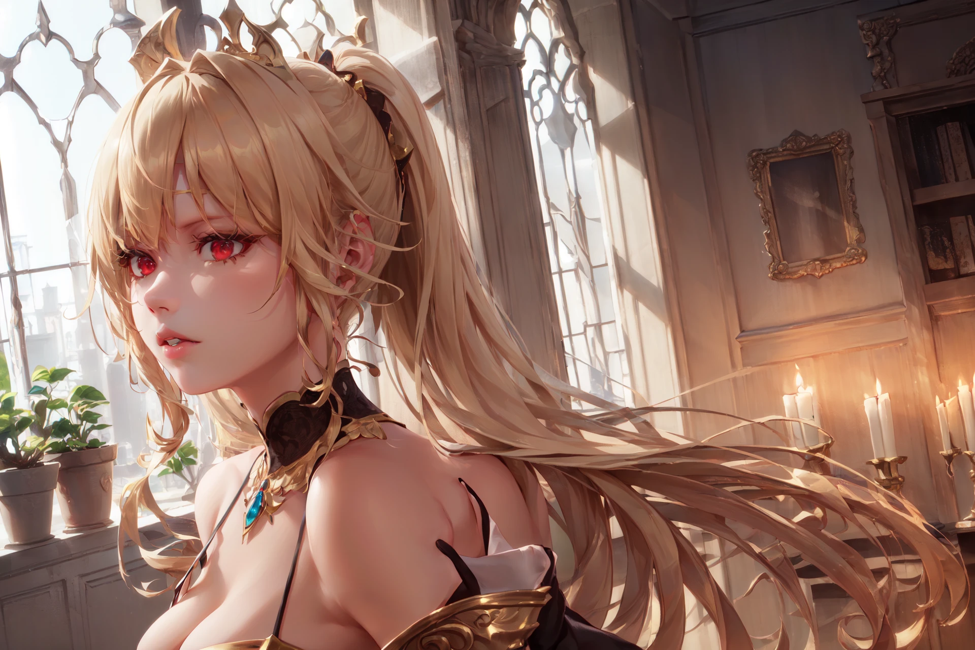 (Highres), 4K, Detailed, Ambient Light, Realistic Shadows, Digital Art, Soft Lighting,

(Indoors:1.4), Renaissance, (Standing:1.2), Vintage Windows, (Candlelight:1.1), 

(Solo:1.3), Woman, (Face Focus:1.4), (Portrait:1.4),

(Very Long Blonde High Ponytail:1.4),

Red Eyes, Expressionless, (Glaring:1.2),

(Puffy Lips:1.2), Parted Lips, 

Huge Breasts,

(Gold-Trim Off-Shoulder Long Black Gown:1.3), (Puffy Long Juliet Sleeves:1.3), Jewelry, (Sheer Clothes:1.2), (See-Throught:1.4), <lora:Style - Sakimichan:0.15>,  <hypernet:cutesexyrobutts:0.15>