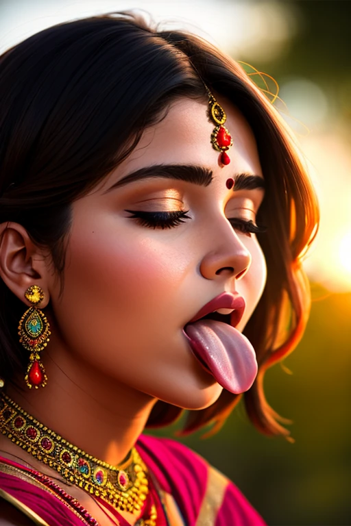 (awaitingtongue:1.2), photo of a young woman, closeup facial shot of a (cute young indian woman) (with her eyes closed:1.2) with short hair (wearing a sweater), National Gallery of Art Highlights, sunset, staring at the viewer, antview, bokeh, closeup of face, highly detailed, 8K, stunning, hdr, subsurface scattering, global illumination, film still, Film-like, bokeh, 3d, vivid color/golden hour/raytraced/warm colors, (indian woman), (perfect teeth)