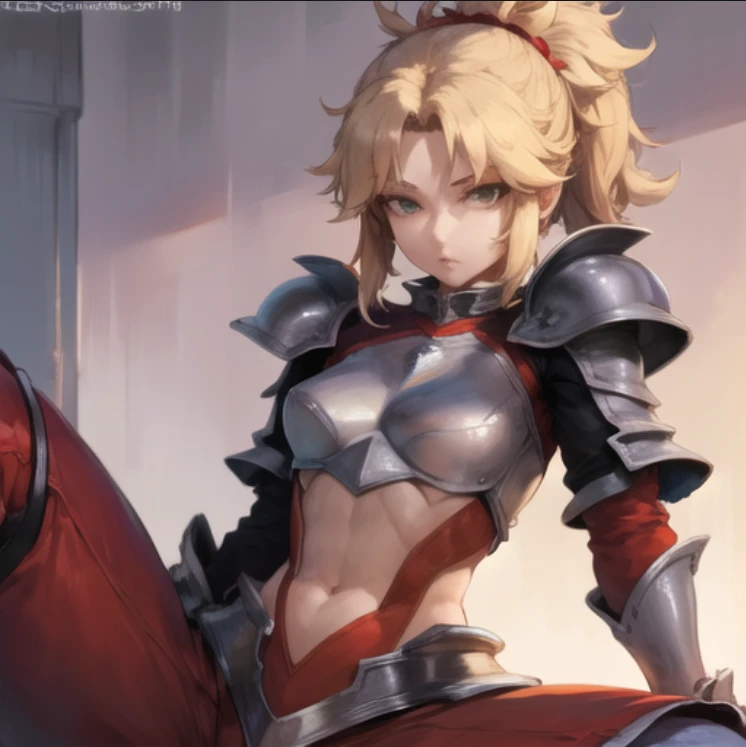 beautiful, masterpiece, best quality, extremely detailed face, perfect lighting, 1girl, solo,  <lora:RobuttsV1:1> , mordred \(fate\), blonde hair, ponytail, green eyes, <lora:MordredV1:1>, armor, cowboy shot, sitting, spread legs