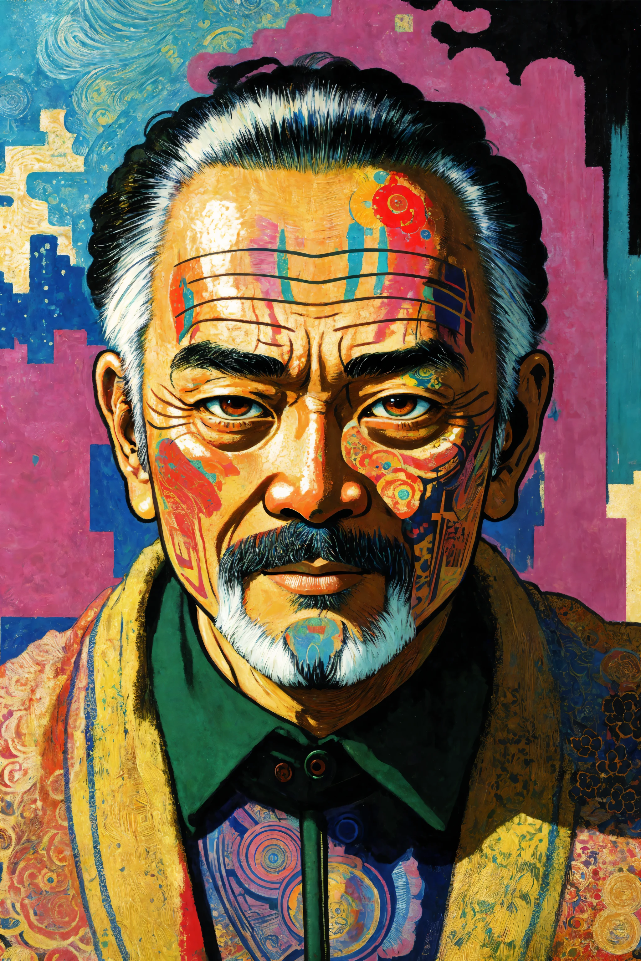 [Close up of an old asian man's face:abstract background:0.5], extremely detailed face and eyes, explosive pose, expressionism, digital art, colorful background, absurdist, highly detailed, (brush strokes:1.1), (acrylic paint:1.1), pointilism, muted colors, by satoshi kon, by alphonse mucha, by raphael