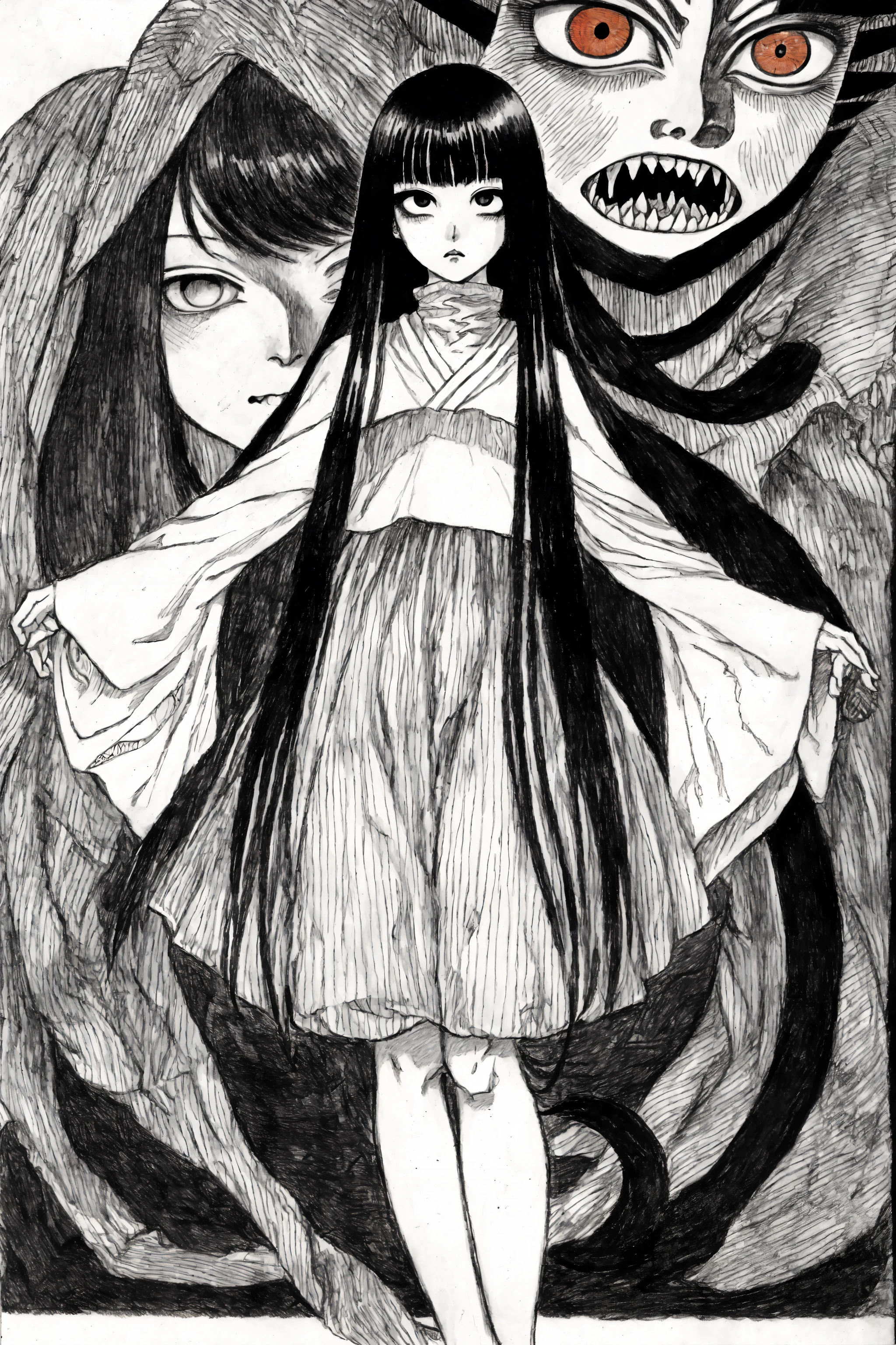 (full body:1.1), (masterpiece:1.1), (Tomie \(junji ito\):1.2), old mansion, unique pose, highest quality, extremely intricate, high quality, cute, detailed face and eyes, long hair, looking at viewer, (scary face:1.2), beauty mark below left eye, extreme detail, cluttered livingroom, highres, (by Junji Ito:1.1), fog, dark, heavy contrast, pencil drawing, manga style