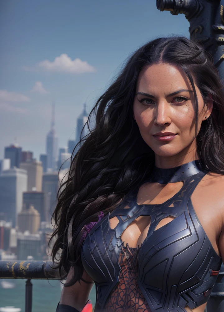 highres, masterpiece, sexy olmun, solo, best quality, realistic, outdoors, looking at viewer, perspective shot, spiderman cosplay, cleavage, sweat, navel, black hair, smirk, aroused, art by artgerm