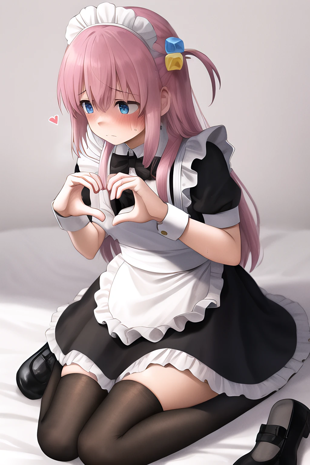 1girl, apron, bow, cube hair ornament, dress, frills, gloom (expression), hair ornament, heart, heart hands, long hair, looking away, maid, maid apron, maid headdress, mary janes, one side up, pink hair, shaded face, shoes, short dress, solo, sweatdrop, thighhighs, white thighhighs, zettai ryouiki,  <lora:gotou_hitori:1>