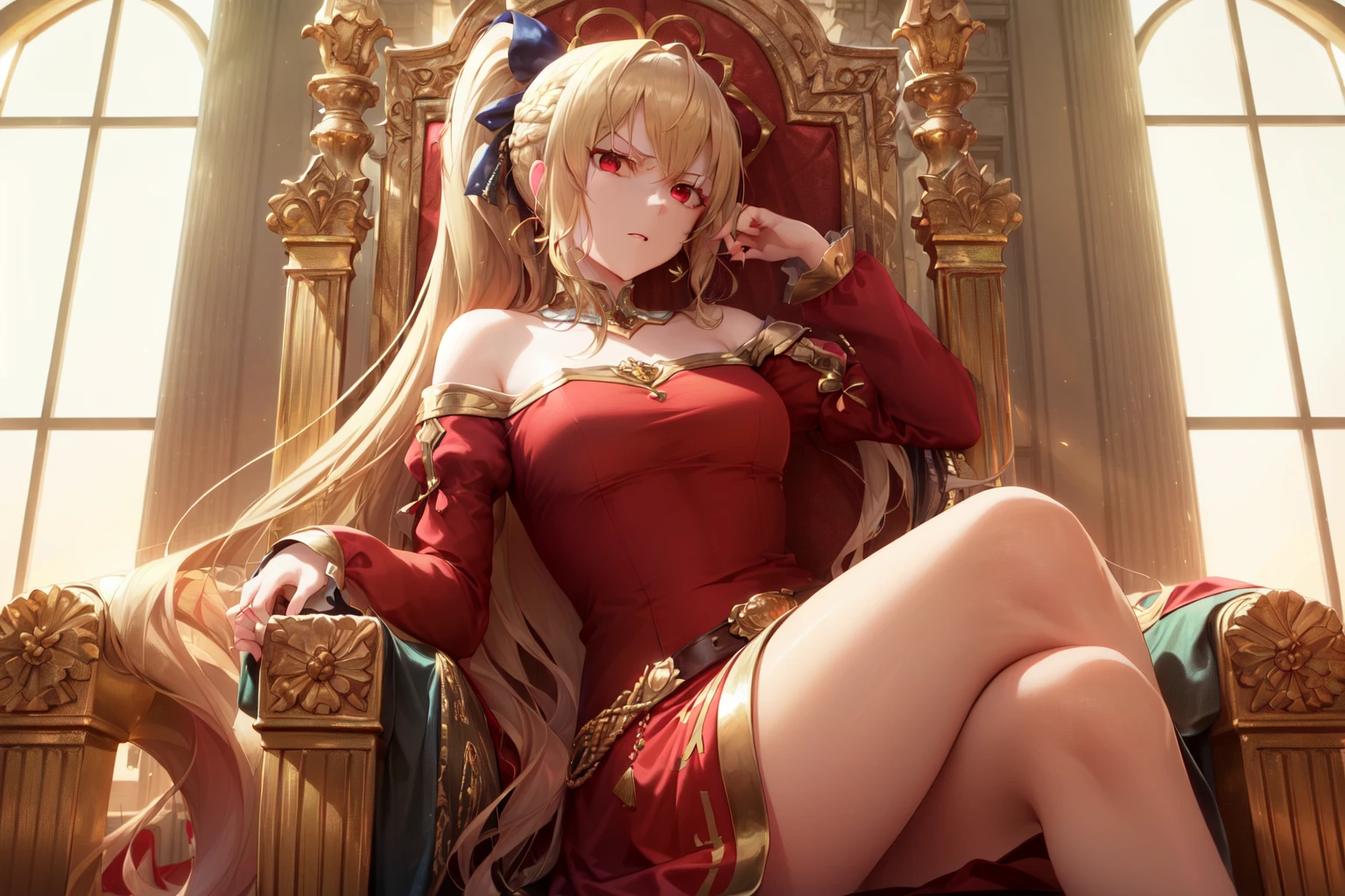 Best quality, masterpiece, firm chest, flat chested, (detailed nipples), detailed skin texture, detailed naked texture, detailed face, super detail, 8k, intricate detail, 1girl, 10 years old, high contrast, high resolution eyes, blonde, regal crown sitting on throne in throne room