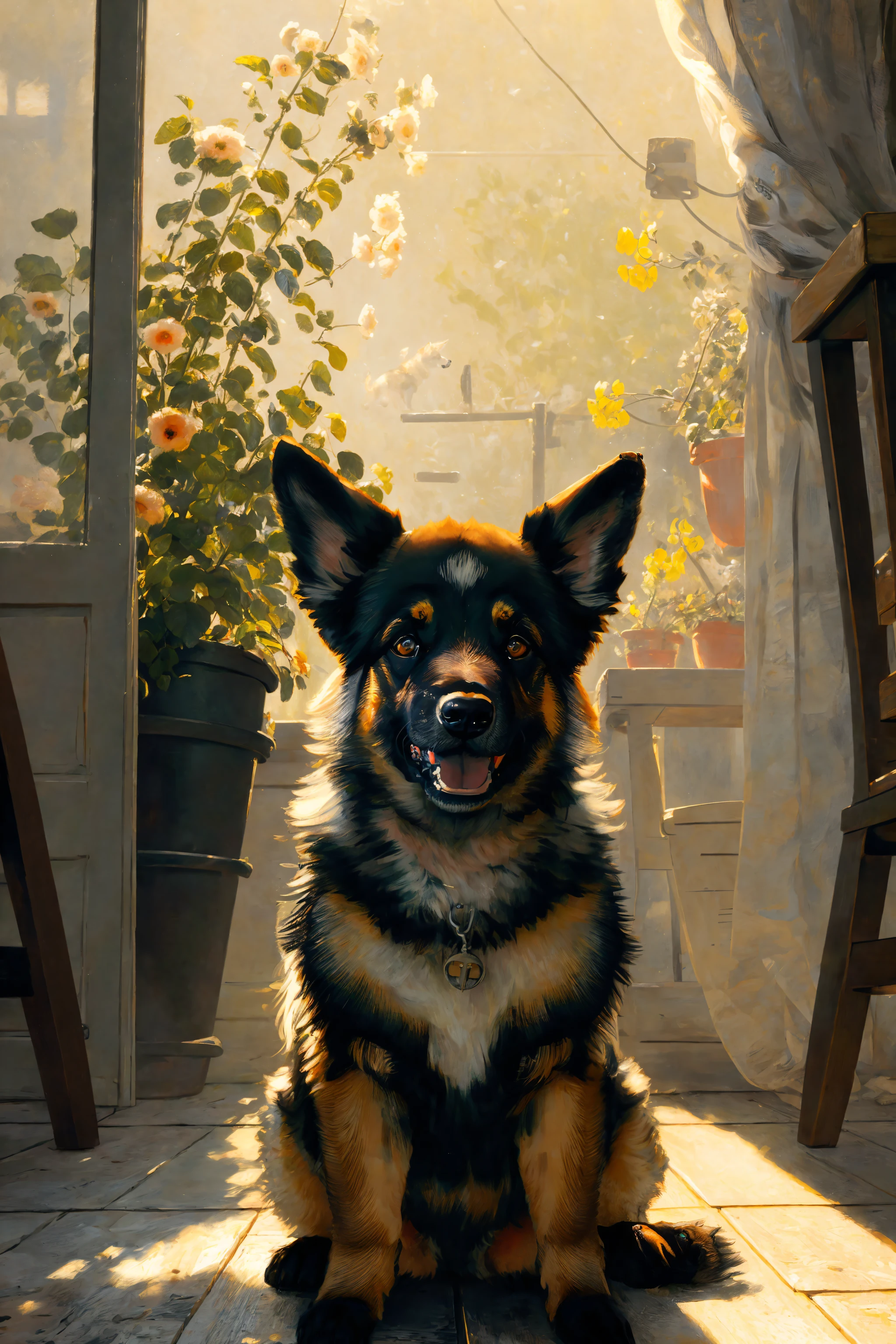 cute german sheperd greeting the viewer, art by Pierre-Auguste Renoir and jeremy mann, (pov angle:1.2), realistic, raytracing, beautiful lighting,