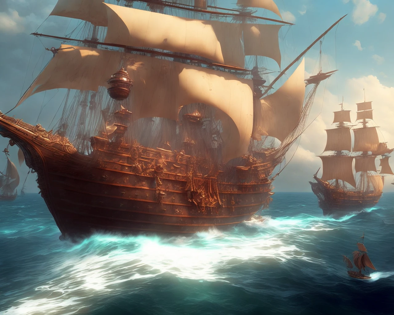 a cinematic image of a pirate ship at sea, detailed, by prt