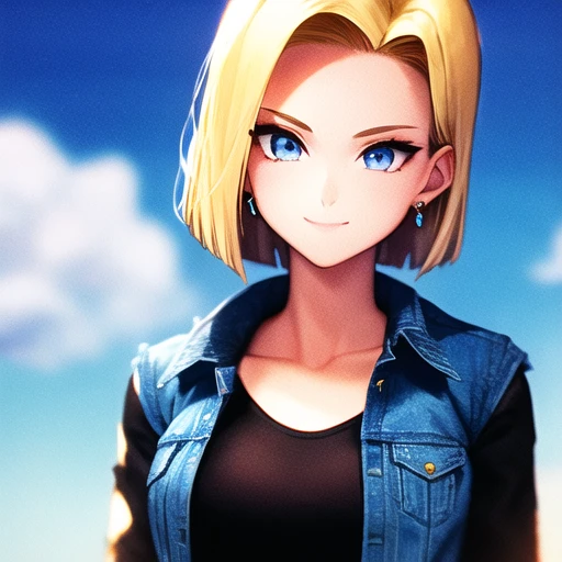 1girl, solo, android 18, blonde hair, blue eyes, short hair, jewelry, earrings, smile, jacket, looking to the side, denim, denim jacket, upper body, shirt, black shirt, closed mouth, cloud, sky, day, looking away, blue sky, collarbone,  <lora:android18:0.6> , <hypernet:sgqo1n:1.0>