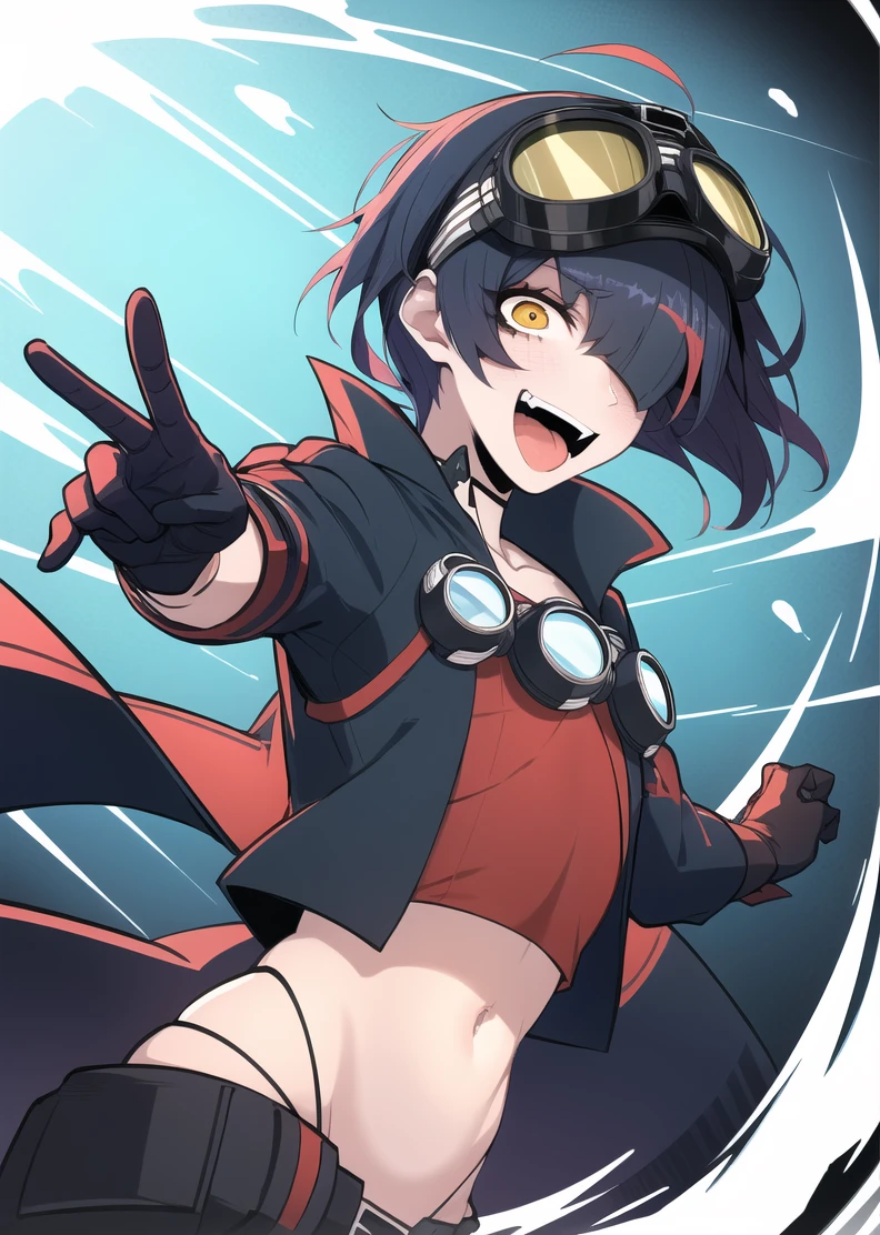 jk, 2d art, 2d render, splash art, illustration, digital art, hard shading, 1boy, bara, black gloves, clenched hands, colored skin, cyclops, emphasis lines, gloves, goggles, looking at viewer, male focus, monocle, navel, one-eyed, open mouth, red eyes, short hair, solo, upper body, very short hair, yellow skin, incredibly absurdres, best quality