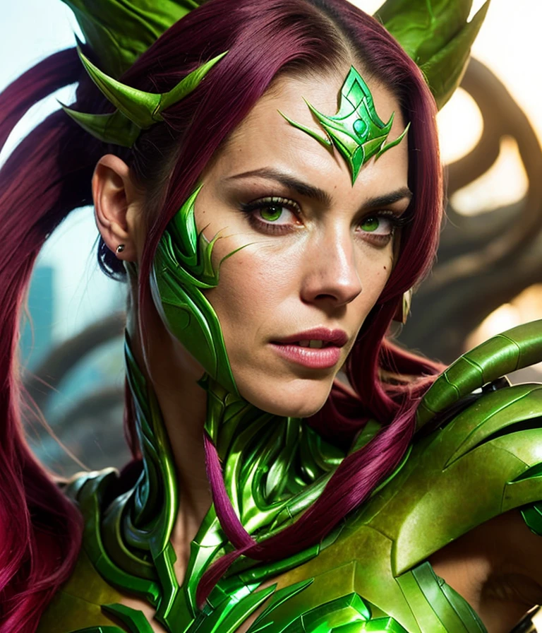 solo mid shot portrait photo of [Michelle Monaghan|Jessica Lowndes] as [Jessica Alba|Zoe Saldana] as a real life version of (Zyra from League of Legends:1.28), open office fantasy background, charming smirking, by Christian Schloe and Judy Chicago ultra realistic highly detailed intricate photorealistic analog style photograph sharp focus on eyes, cinematic lighting