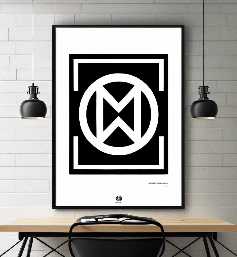 mockup, unique logos a large poster with minimalistic brave sharp geometric Kamon crest, Bauhaus, photorealistic, photography, focus blur