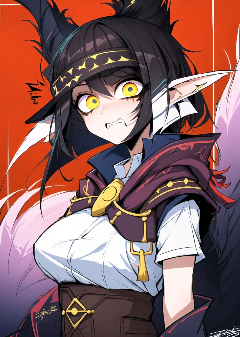 jk, fusion of a Roman creature known as ((((Strix)))) and a Korean creature known as ((((Gumiho)))), constricted pupils, (annoyed:1.3), 2d art, 2d render, splash art, digital art, hard shading, 1girl, female focus, (monster girl:1.0), monster girl encyclopedia, incredibly absurdres, best quality, detailed