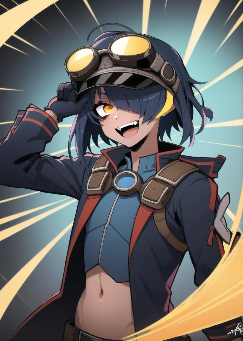 jk, 2d art, 2d render, splash art, illustration, digital art, hard shading, 1boy, bara, black gloves, clenched hands, colored skin, cyclops, emphasis lines, gloves, goggles, looking at viewer, male focus, monocle, navel, one-eyed, open mouth, red eyes, short hair, solo, upper body, very short hair, yellow skin, incredibly absurdres, best quality