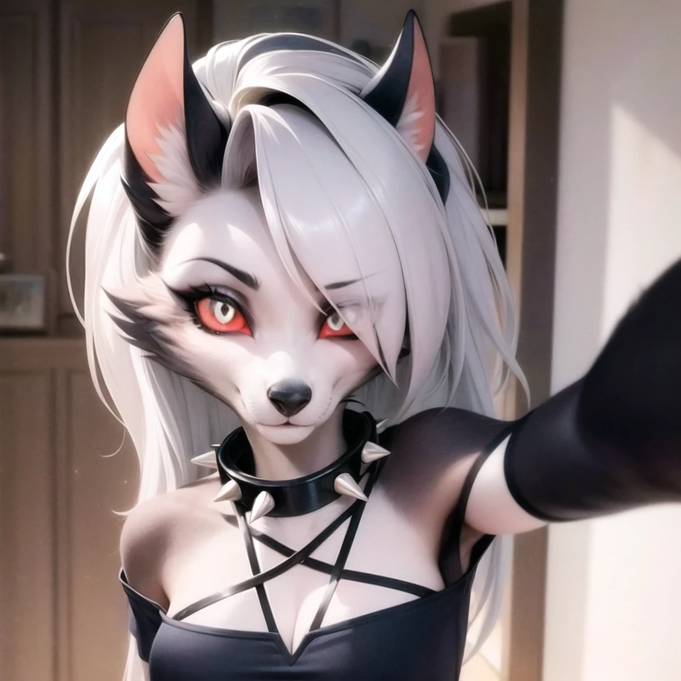 masterpiece, best quality, face portrait of a female anthro loona hellhound, loonacroptop, detailed face, (detailed eyes, slit pupils, white eyes:1.2), red sclera, smile, [spiked collar, pentagram], (looking at viewer), selfie