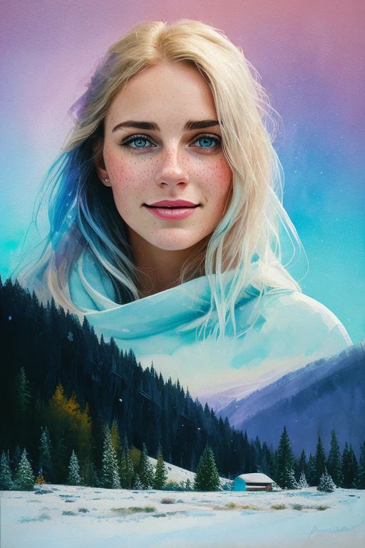 portrait of beautiful smiling woman with some freckles, snow-covered mountain landscape background by ilya kuvshinov and annie leibowitz. synthwave watercolor painting on canvas trending in artstation dramatic lighting abstract expressionism pastel shades tones (hd) golden ratio details aesthetic octane render excellent composition natural textures 8k oil paining masterpiece canon eos r4s 50