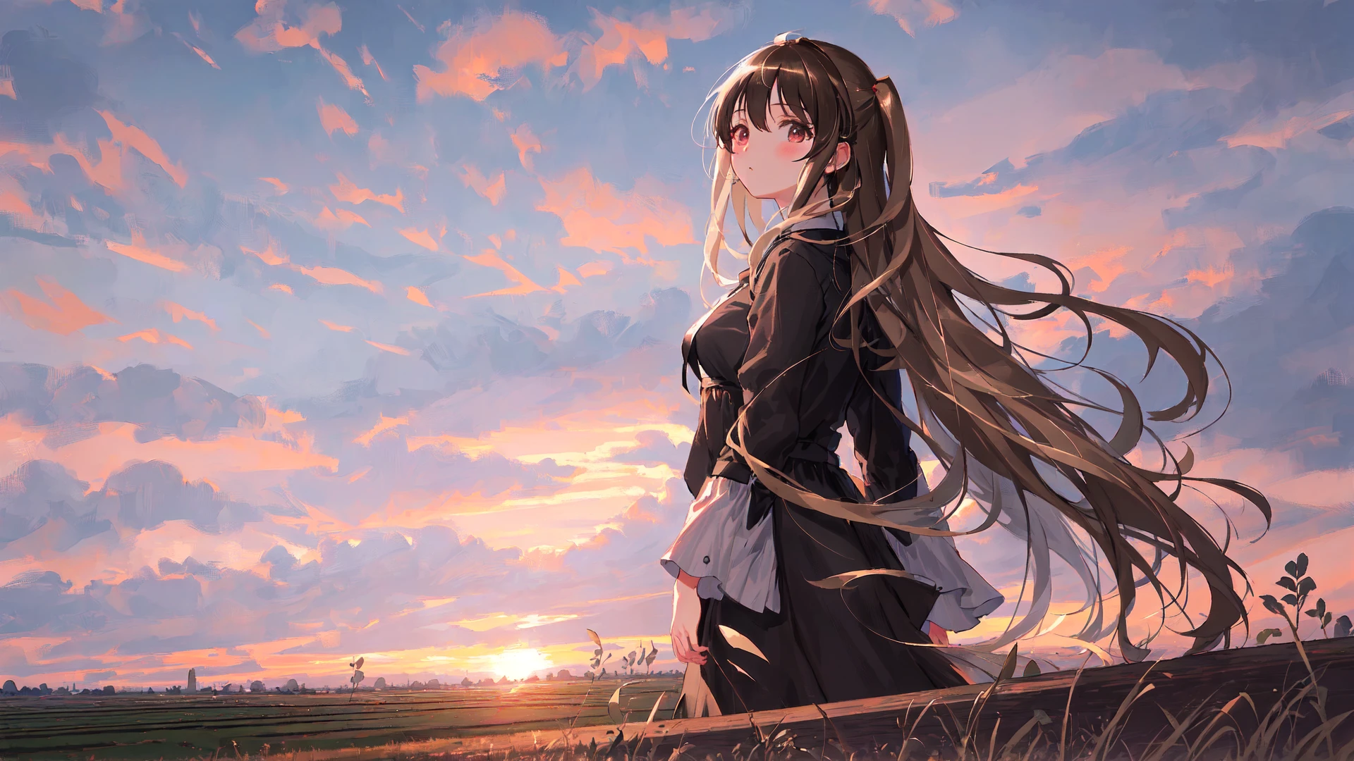 masterpiece,best quality,official art,extremely detailed CG unity 8k wallpaper,illustration,wide shot,Dusk, cloudy,Great Plains,(Highlight the background:1.8),solo, 1girl, bishojo, Long hair, black hair, expressionless, grey eyes, whitedress,