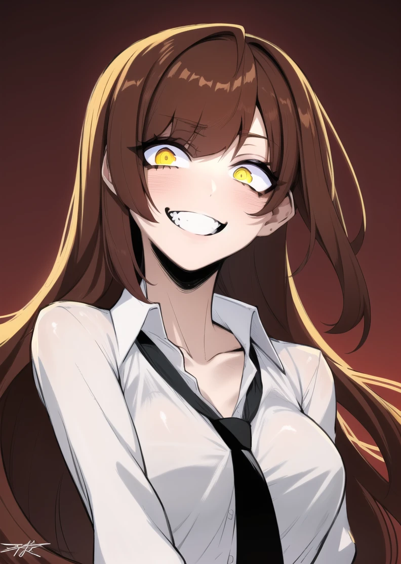 jk, 2d art, 2d render, splash art, illustration, digital art, hard shading, 1girl, bangs, brown hair, glowing, glowing eye, gradient background, looking at viewer, necktie, red background, ringed eyes, shaded face, shirt, smile, solo, teeth, upper body, upper teeth only, white shirt, yellow eyes, incredibly absurdres, best quality