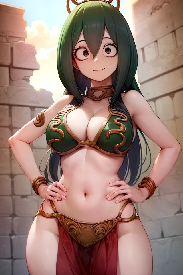 Tsuyu \(my_hero_academia\) wearing a slavekini, 1girl, solo, best quality, masterpiece, highly detailed, intricate details, detailed face, detailed eyes, hands on hips, colosseum, <lora:slavekini:1>