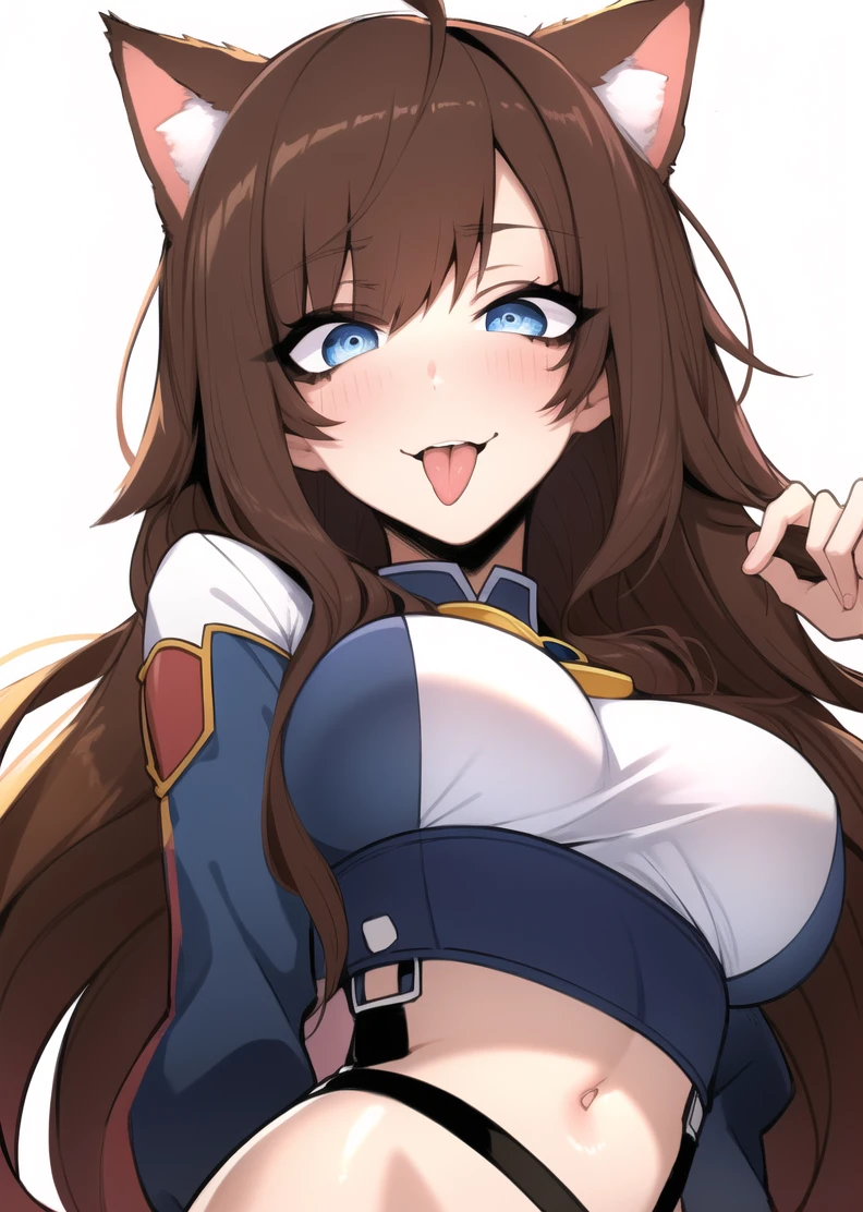 jk, 2d art, 2d render, splash art, illustration, digital art, hard shading, 1girl, :3, :p, animal ears, blue eyes, blush, breasts, brown hair, cat ears, long hair, looking at viewer, medium breasts, personification, simple background, smile, solo, tongue, tongue out, underboob, white background, incredibly absurdres, best quality