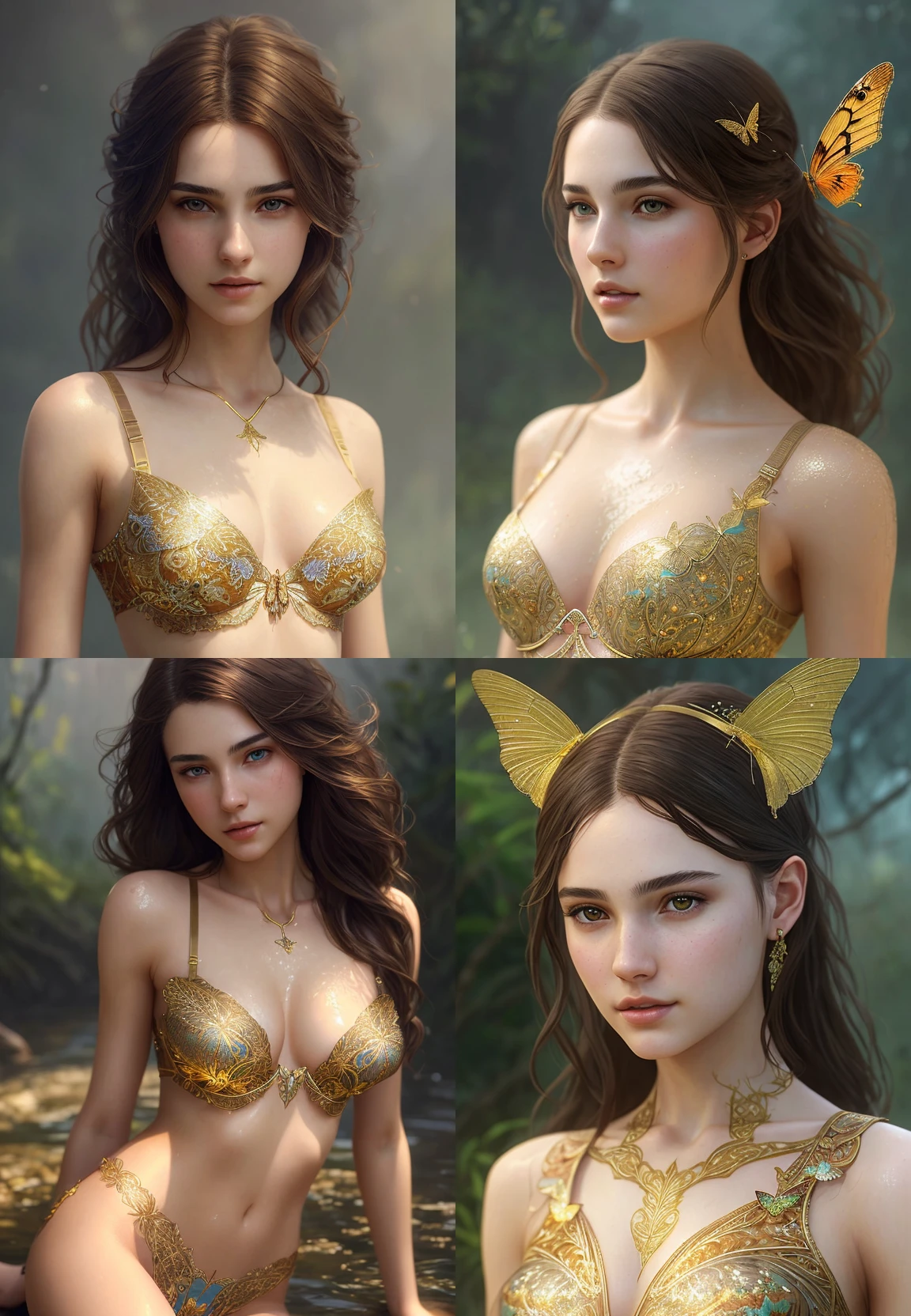 8k portrait of beautiful young woman with brown hair, intricate bra, elegant, highly detailed, majestic, digital photography, art by artgerm ruan jia and greg rutkowski surreal wet paint gold butterfly filigree, broken glass