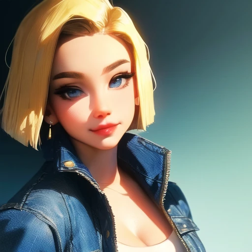 sam yang, 1girl, backlighting, android 18, blonde hair, blue eyes, short hair, jewelry, earrings, looking at viewer, breasts, cleavage, denim, upper body, smile, simple background, jacket, denim jacket, shirt, medium breasts, blue background, long sleeves, closed mouth, lips, striped sleeves , ((masterpiece)),  <lora:samdoesartsSamYang_normal:0.65>,  <lora:android18:0.5><hypernet:sgqo1n:1.0>