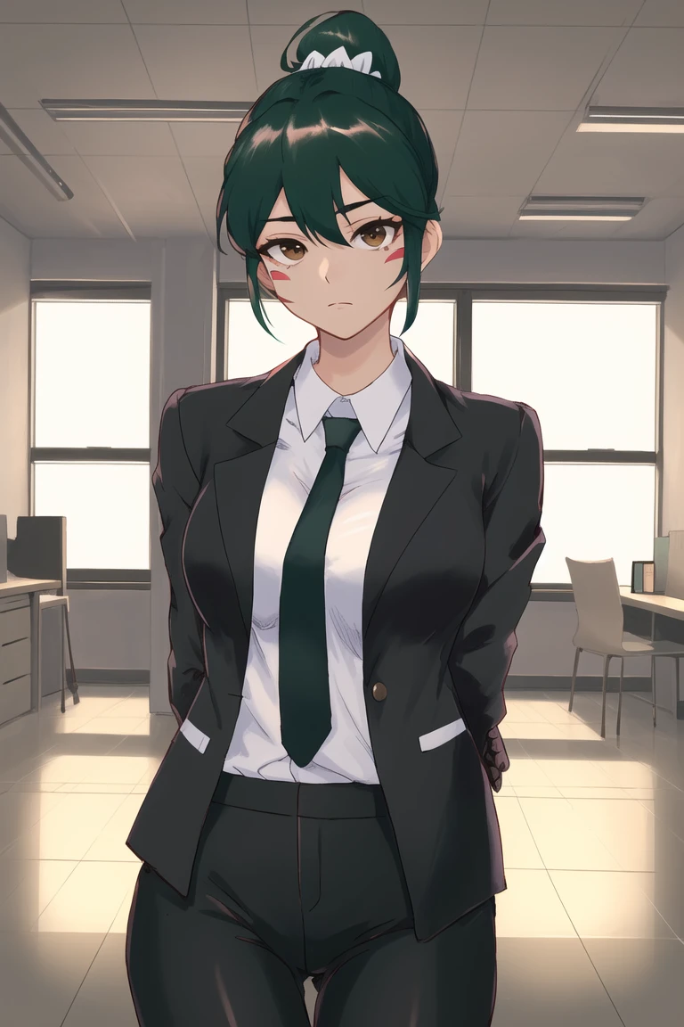 masterpiece, best quality, kiriko \(overwatch\), green hair, ponytail, brown eyes, facial mark, expressionless, medium breasts, black jacket, white shirt, black necktie, black pants, arms behind back, office lady, office, indoors