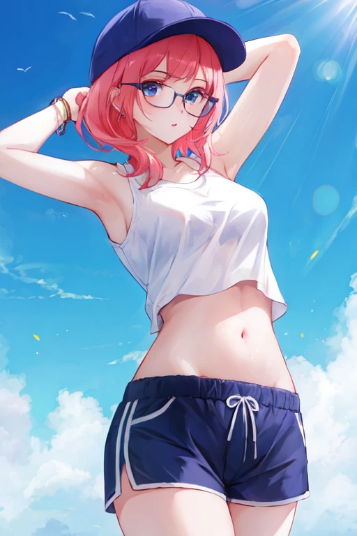 1girl, solo, looking at the viewer, muscles, tanktop, cap, hat, glasses, pink hair, white shirt, midriff, shorts, belly