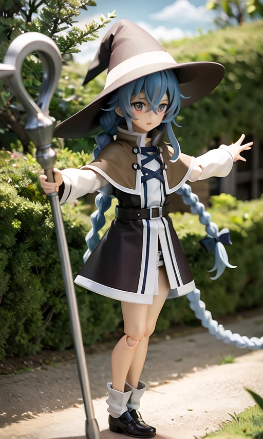 (masterpiece, best quality, absurdres, foreshortening, fisheye:1.2), photo of a highly detailed (figma:1.2) of (roxy-migurdia:1.3), doll_joints, 1girl, solo, (flowers:1.2), outdoors, [[realistic, 3d, 3dcg, physically based rendering, rendered in blender, subsurface scattering]]