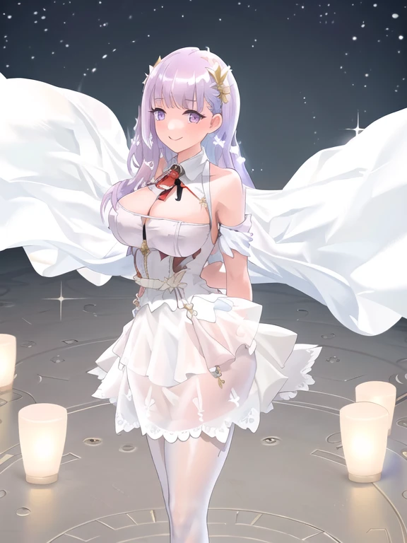 (masterpiece:1.3), best quality, high quality, absurdres, plmtazln, 1girl, solo, (an extremely delicate and beautiful girl), (arms behind back:1.1), white dress, half gloves, high heels, blunt bangs, shiny white pantyhose, seductive smile, <lora:plmtazln_release:0.8>