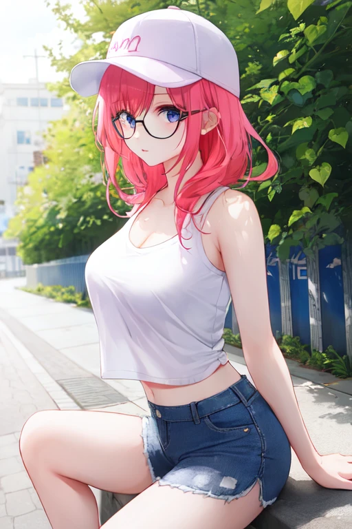 1girl, solo, looking at the viewer, muscles, tanktop, cap, hat, glasses, pink hair, white shirt, midriff, shorts