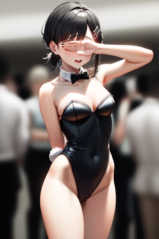 masterpiece, best quality, highres, 1girl, kobeni, playboy bunny, embarrassing, covering eyes, crowd of people, flash lights <lora:covering_eyes:1> <lora:kobeni_v10:1>