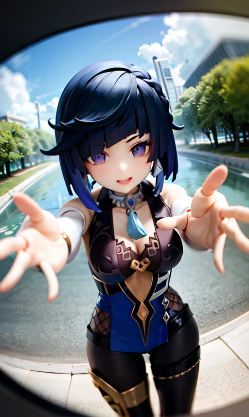(masterpiece, best quality, absurdres, foreshortening, fisheye:1.2), photo of a highly detailed (figma:1.2) of (yelan \(genshin impact\):1.3), doll_joints, 1girl, solo, (flowers:1.2), outdoors, [[realistic, 3d, 3dcg, physically based rendering, rendered in blender, subsurface scattering]]
