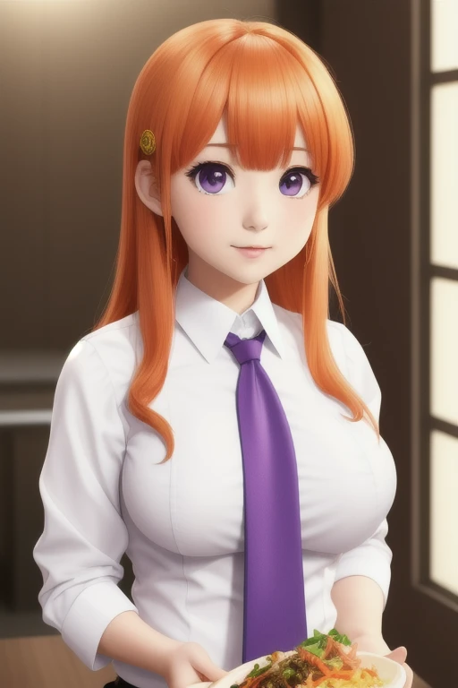 1girl, anime screencap, asymmetrical bangs, bangs, blue neckwear, breasts, eating, food, hair ornament, highres, holding, holding_food, large breasts, looking down, mieruko-chan, necktie, orange_hair, purple eyes, school uniform, screencap, shirt, stitched, white_shirt, yurikawa hana