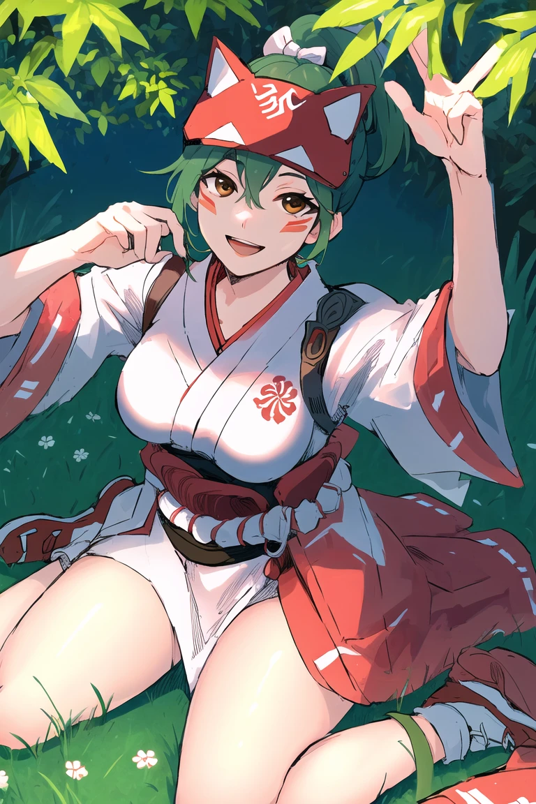 masterpiece, best quality, kiriko \(overwatch\), green hair, ponytail, brown eyes, facial mark, fox mask, half mask, smile, open mouth, medium breasts, white kimono, red skirt, thighs, sitting, wariza, from above, forest