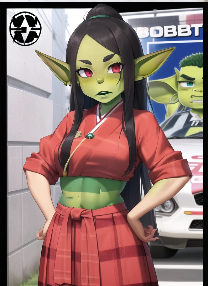 1girl, bangs, breasts, cleavage, collarbone, green_eyes, kimono, (cinematic, atmospheric:1.3), oni, samurai, green_hair, horns, japanese_clothes, kimono, small_breasts, long_hair, looking_at_viewer, open_clothes, solo, upper_body