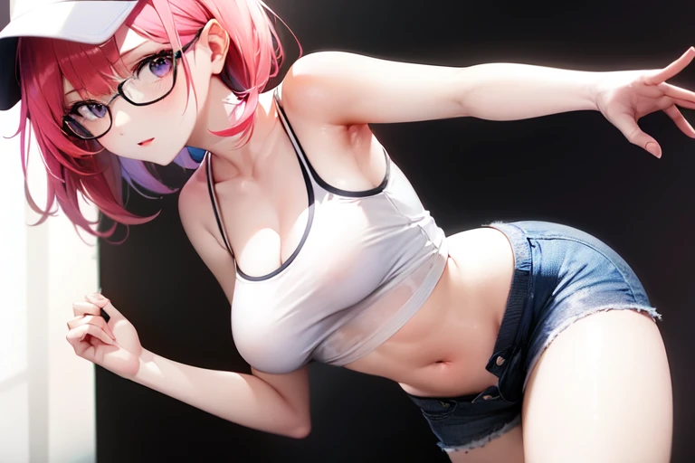 1girl, solo, looking at the viewer, muscles, tanktop, cap, hat, glasses, pink hair, white shirt, midriff, shorts