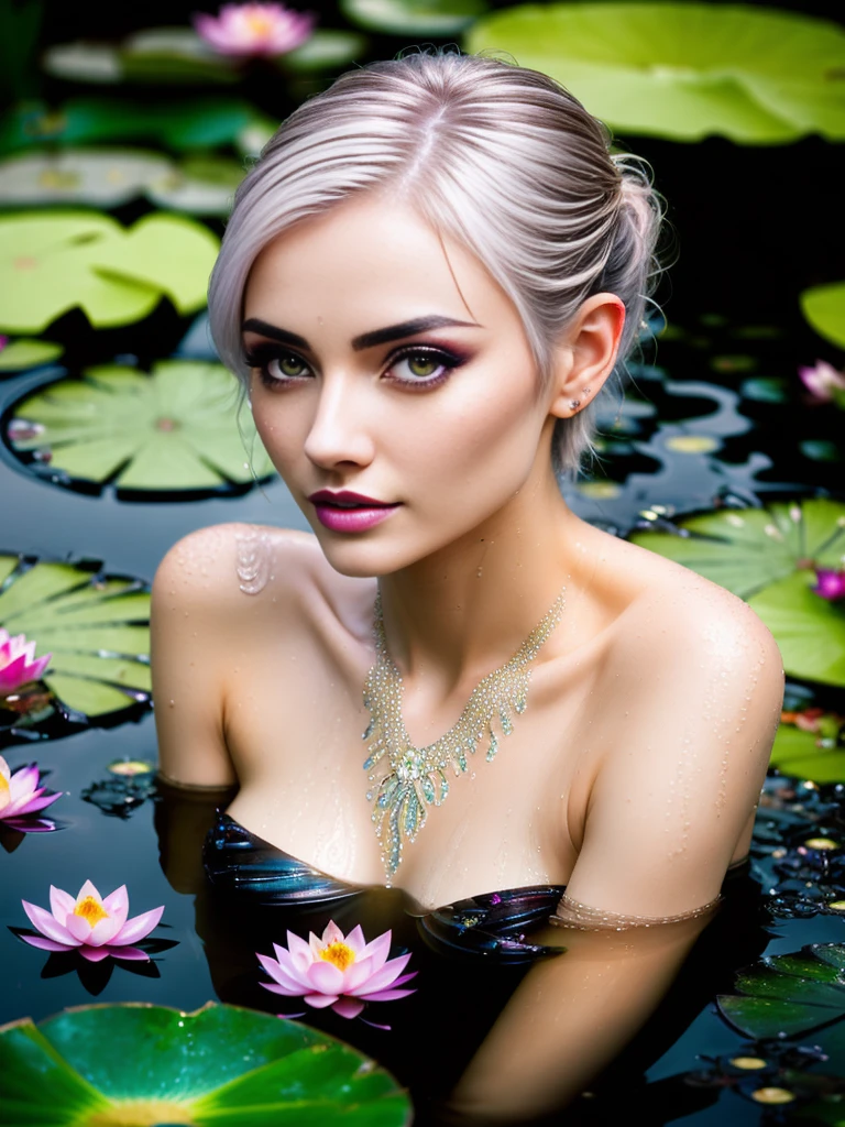 beautiful pixie woman emerging from a pond, detailed+ eyes, wet hair, beautiful feminine face, lotus flowers, lily pads, wet, dripping, masterpiece, best quality, high contrast, soft lighting, backlighting, bloom, light sparkles, chromatic aberration, smooth, sharp focus