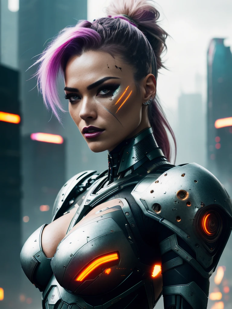 medium shot photo of sexy female cyborg wearing scratched and tarnished futuristic armor in a destroyed futuristic city, fantasy, sci-fi, beautiful feminine face, seductive, sexual, mist, vivid alluring eyes, dramatic, best quality masterpiece, photorealistic, detailed, 8k, HDR, shallow depth of field, cinematic lighting, bloom, light sparkles, chromatic aberration, sharp focus