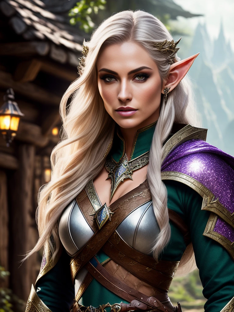 modelshoot style, award winning digital art of an elven ranger woman, fully clothed, in a fantasy village, d&d, masterpiece, best quality, high contrast, soft lighting, backlighting, bloom, light sparkles, chromatic aberration, smooth, sharp focus