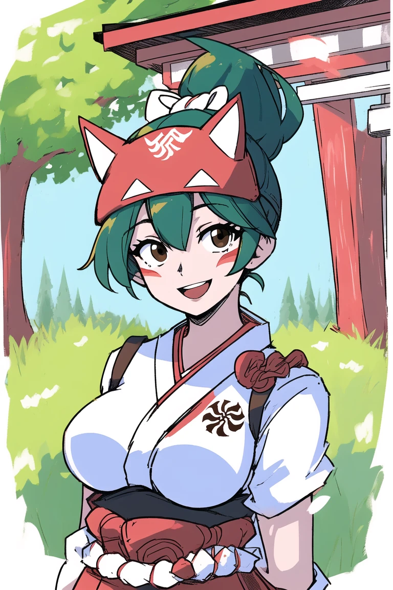 masterpiece, best quality, kiriko \(overwatch\), green hair, ponytail, brown eyes, facial mark, fox mask, half mask, smile, open mouth, raised eyebrows, medium breasts, white kimono, red skirt, arms behind back, upper body, portrait, forest, shrine, (akai-4v:0.7)